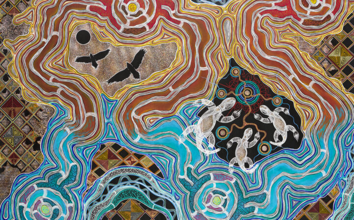 Sometimes in life there’s lots of things goin’ on that can be hard and trying, or easy and happy, but my artwork gives me strength to see out the bad times. This is my Country before colonisation. The lines are like a map representing how our people shaped the Country with their spiritual connections told in songs and stories. The blue water and the red oxide land show my journey line with places I’ve stopped along the way. The small linear patches of dots are all the different mobs and families around Country. The brown patterns and shapes are mountain ridges and waterholes representing time past. The diamond patterns are from patterns on our old shields. Their colours represent connection to culture and the red dirt and many coloured sands that make up our beautiful Country. The group of Elders sitting with their spears are telling stories of Bunjil the eagle, our Creator, and passing down their knowledge of tracking and hunting. The goannas are my Ancestors watching, mesmerised, over their Country and culture.